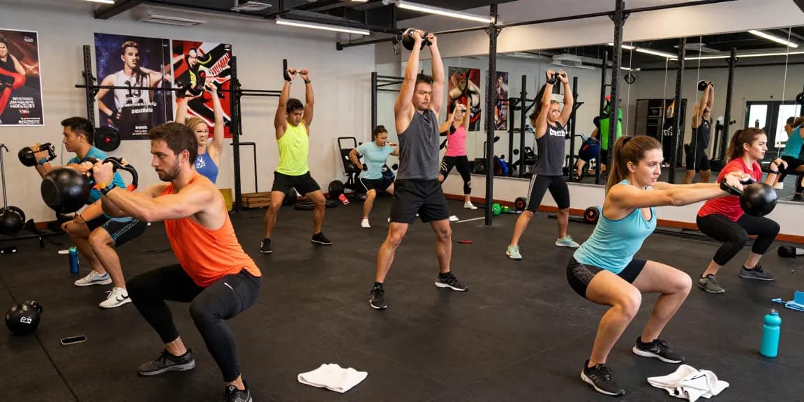Gruppentrainingsszene in einem Anabolika Shop Deutschland Fitnessstudio, das vielfältige Athleten zeigt, die mit modernem Equipment trainieren.
