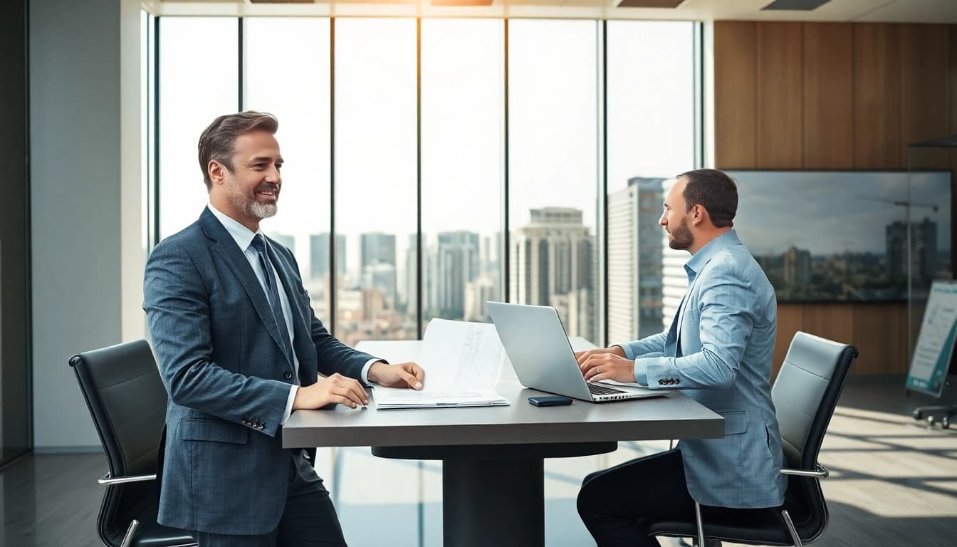 Headhunter Baubranche in professionellem Austausch mit Bauleiter.
