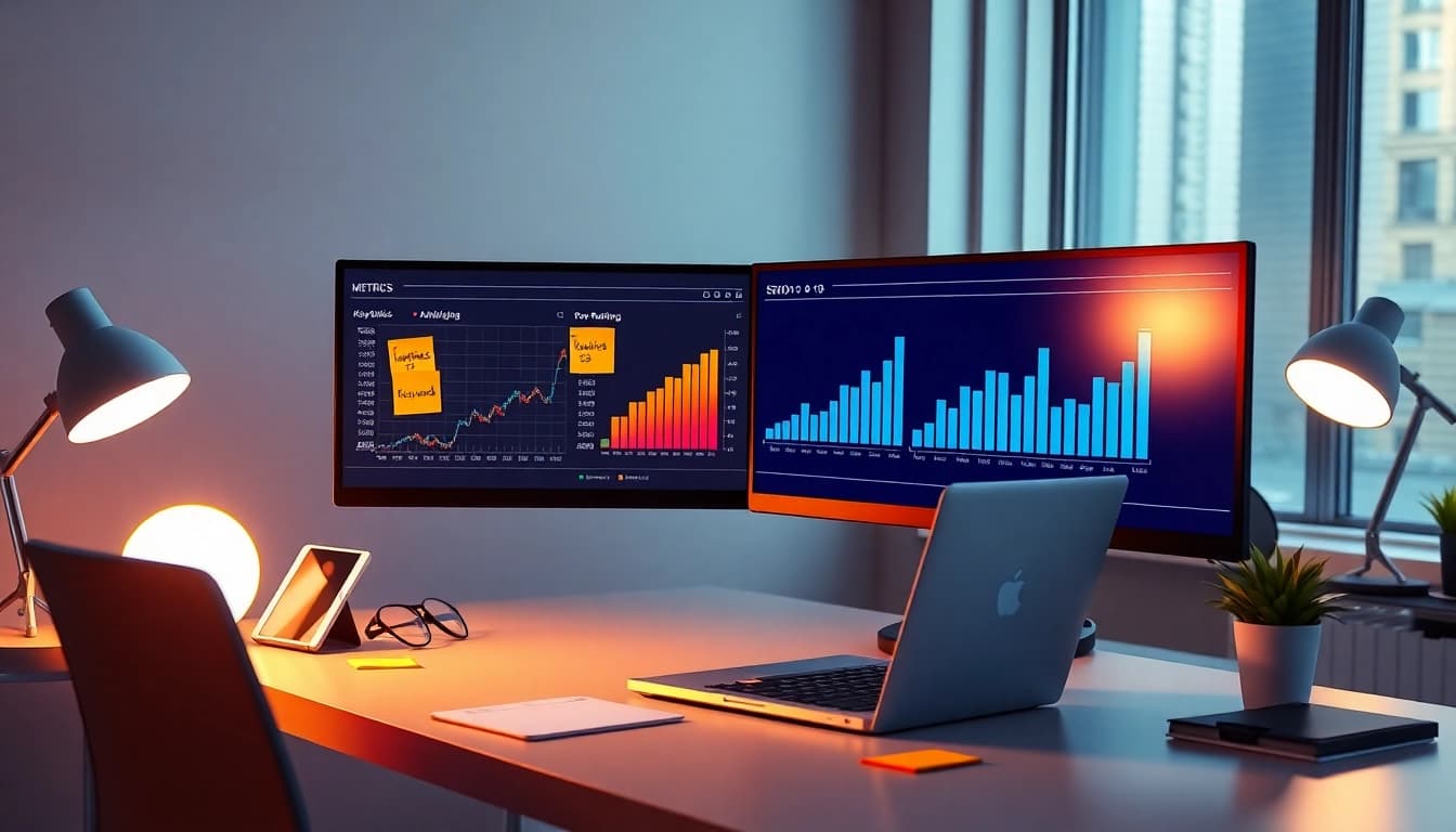 Analyze your SEO-Ranking metrics in a modern workspace with insightful dashboards and upward trends.