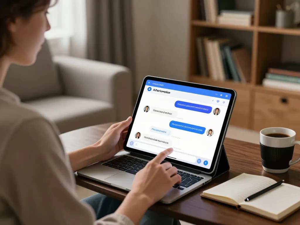 Engaging in a conversation with an AI chat about relationships and personal growth through a digital interface.