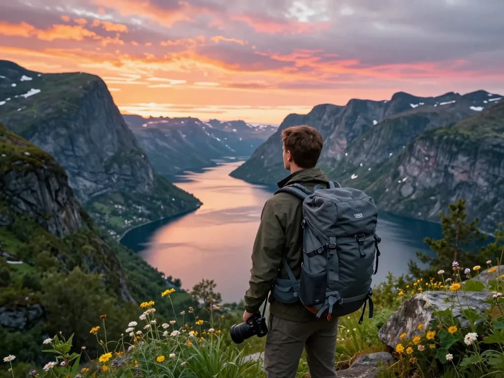 Skandinavien Reisetipps: Reisender genießt atemberaubende Ausblicke auf einen Fjord bei Sonnenuntergang.
