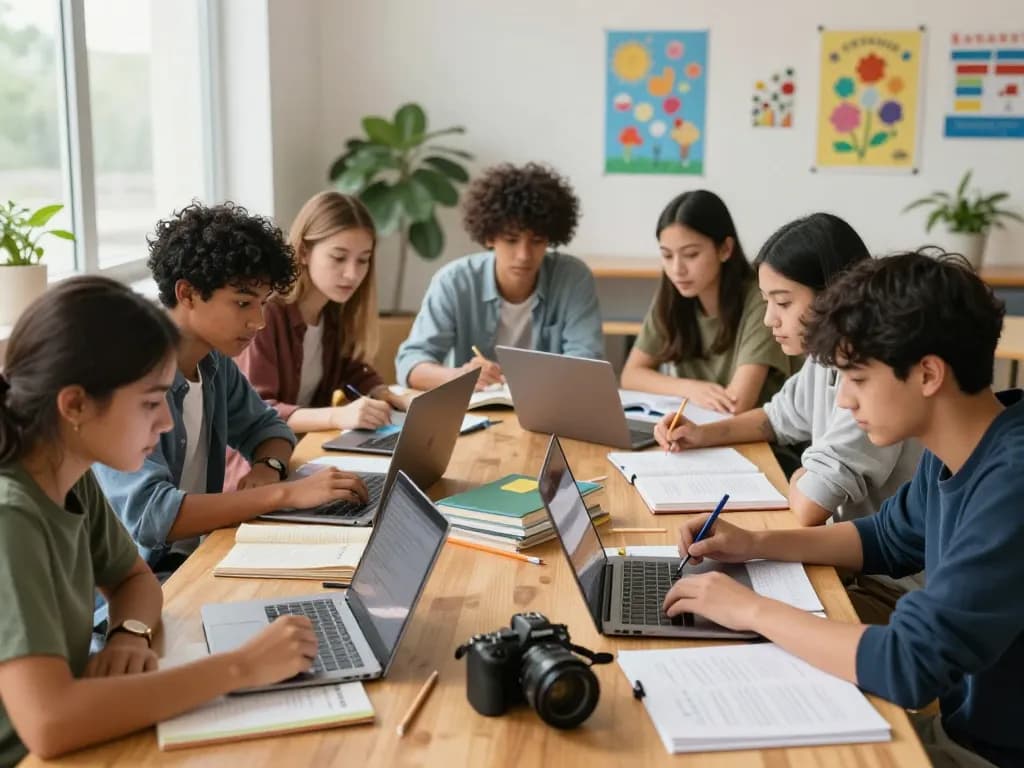 Studierende arbeiten gemeinsam an Hausaufgaben mit Laptops und Büchern in einem hellen Lernraum.