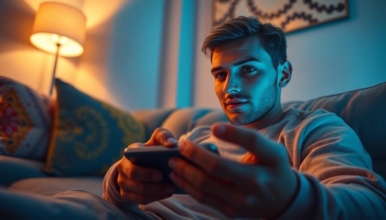 User engaging with ai chat porn chatbot on a sleek digital device in a modern, cozy setting.