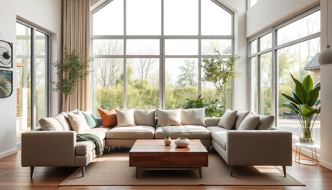 Moderne Raumgestaltung in einem lichtdurchfluteten Wohnzimmer mit eleganten Möbeln und Pflanzen.