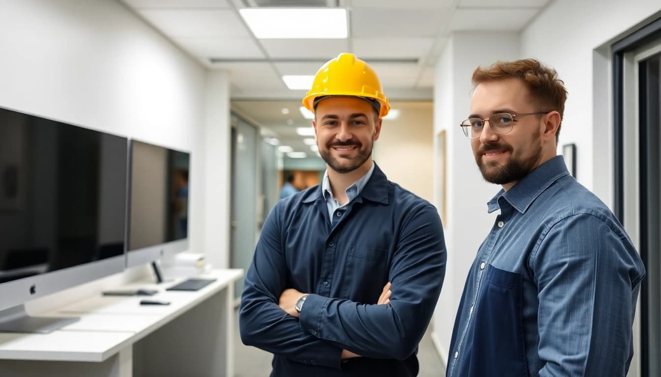 Durchführung einer DGUV V3 Prüfung an elektrischen Geräten in einem Büro durch einen Fachmann, fokusiert auf Sicherheit und Compliance.