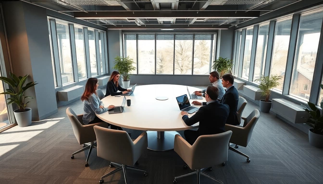 Headhunter Mühlheim: Modernes Bürointerior für effiziente Personalvermittlung, das Teamdiskussionen in einem professionellen Setting zeigt.