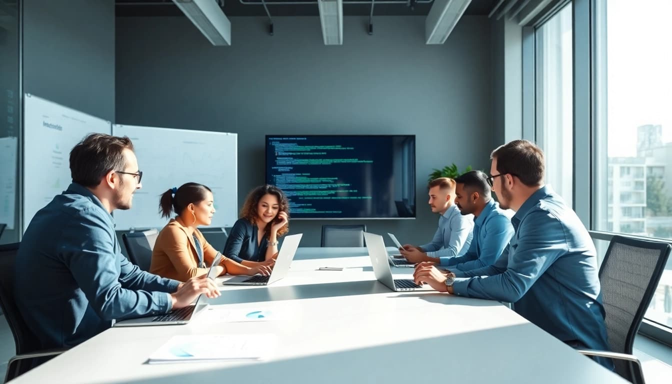 IT Dienstleister zeigt teamworkendes IT-Service-Management in modernen Raeumlichkeiten.