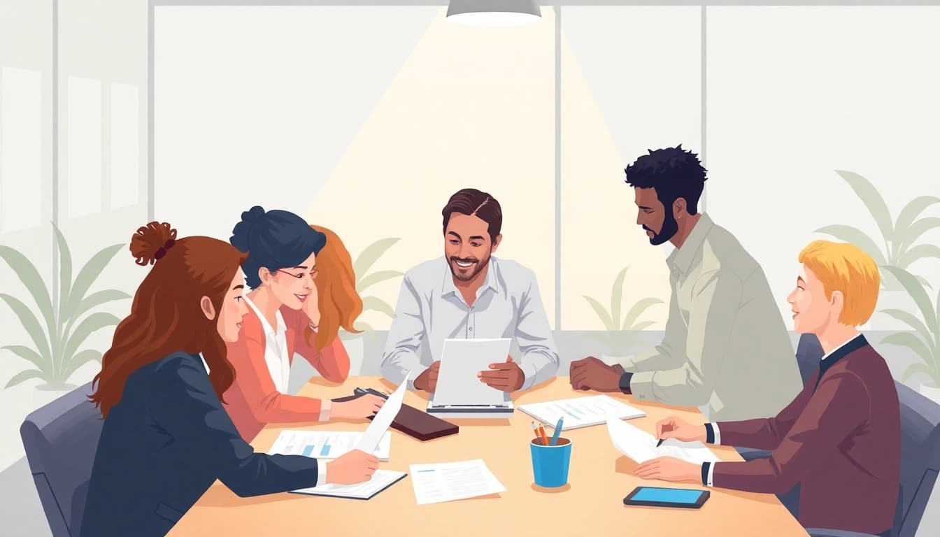 Illustration depicting the process of pflegedienst gründen, highlighting teamwork and paperwork in a warm office environment.