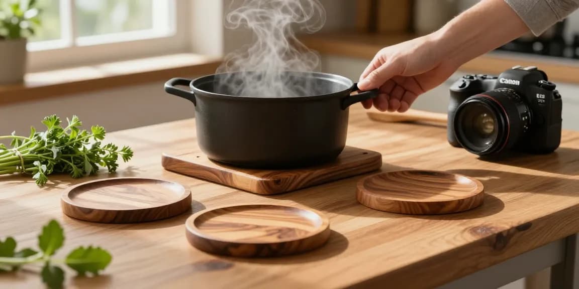 Praktische Topfuntersetzer aus Holz auf einem rustikalen Küchentisch, ideal für heiße Töpfe.