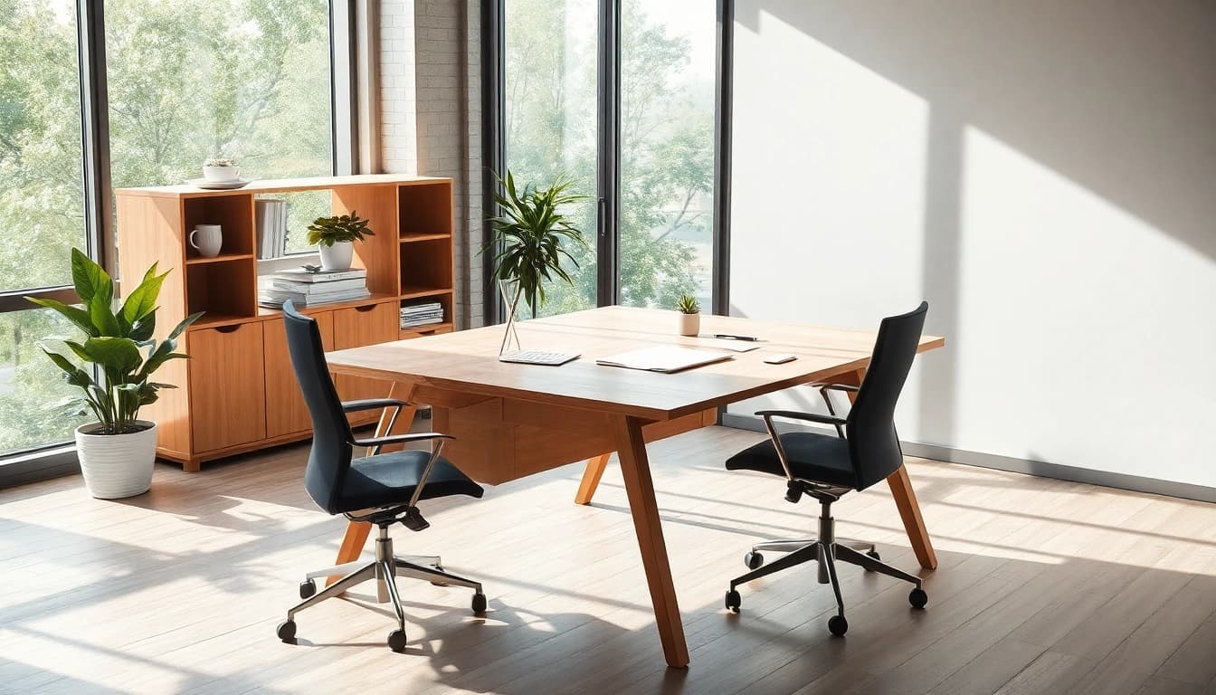 Moderne Büromöbel in einem stilvollen Büroarbeitsplatz mit ergonomischem Stuhl und Holzschreibtisch.