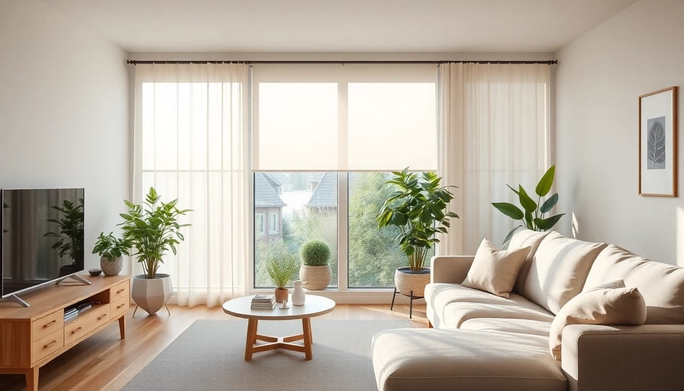 Plissee ohne Bohren zeigt modernes, lichtdurchflutetes Wohnzimmer mit minimalistischem Design.