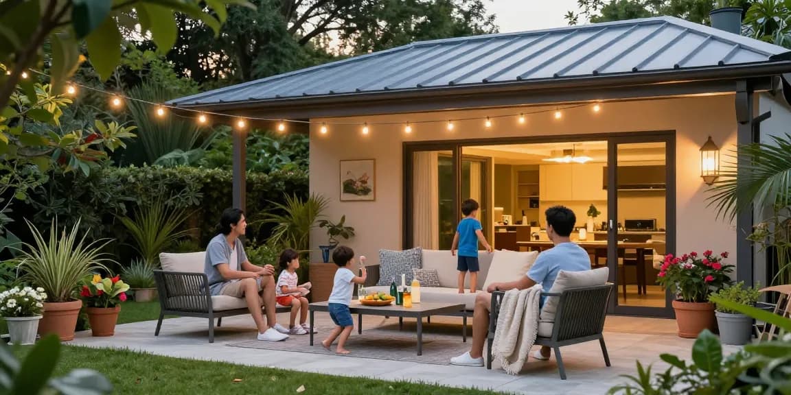 Moderne Terrassenüberdachungen im Garten mit Familie, die Zeit im Freien genießen.