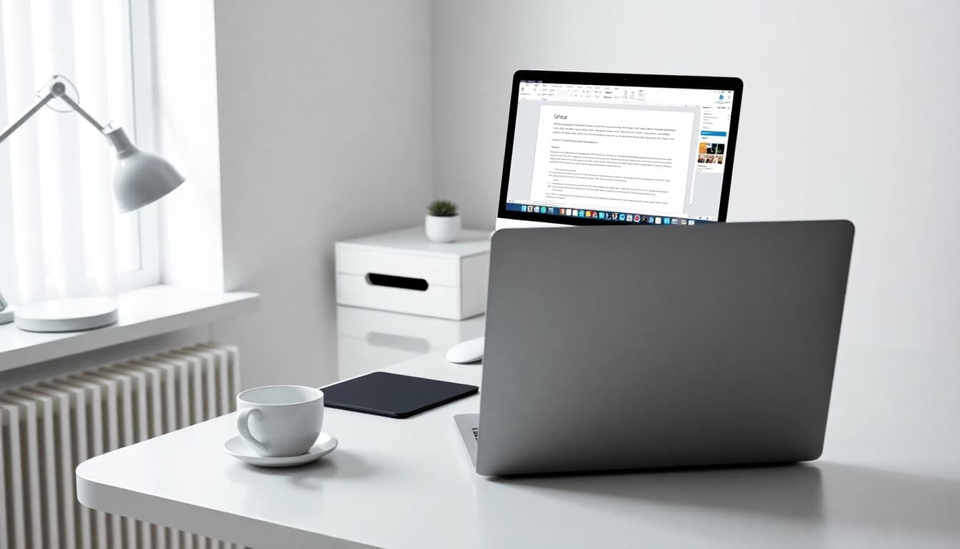 Arbeitsplatz mit Microsoft Office 2024 Mac Standard Edition auf einem MacBook, das Produktivität fordert.