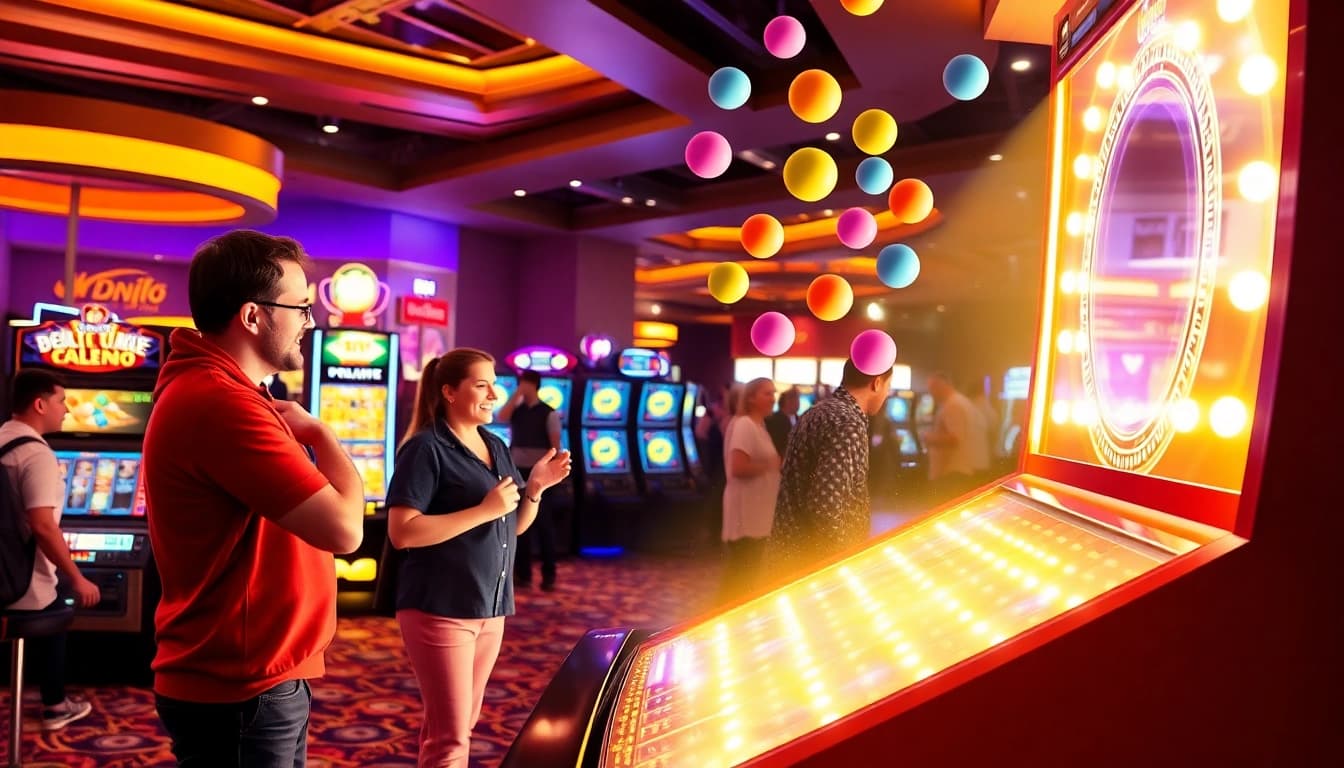 Erleben Sie die aufregende Plinko Erfahrung in einem lebhaften Casino-Setting mit Spielern, die auf den großen Plinko-Brett schauen.