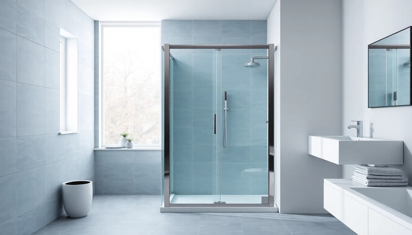 Duschkabine 100x100 Pendeltür in einem modernen Bad mit eleganten Designelementen.