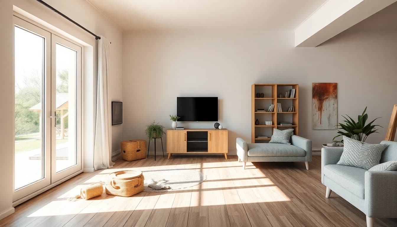 Hausrenovierung mit leuchtendem Raum und Werkzeugen zur Verschönerung.