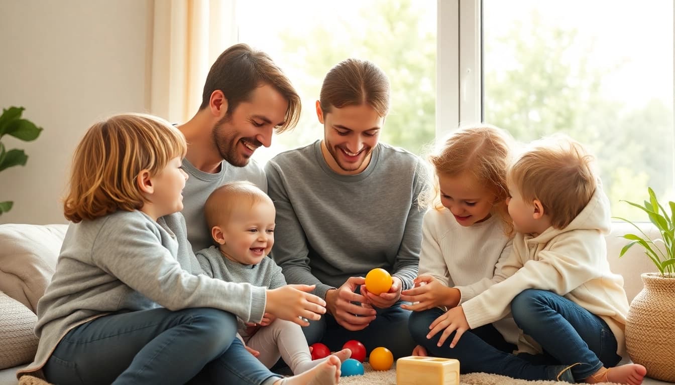 Eltern erziehen ihre Kinder spielerisch und liebevoll, typisches Bild für Kindererziehung.