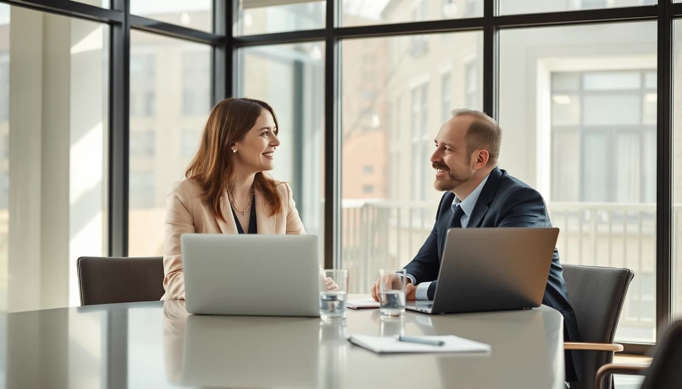 Headhunter Düsseldorf berät einen Kunden in einem modernen Büro, verkörpert Professionalität und Erfolg.