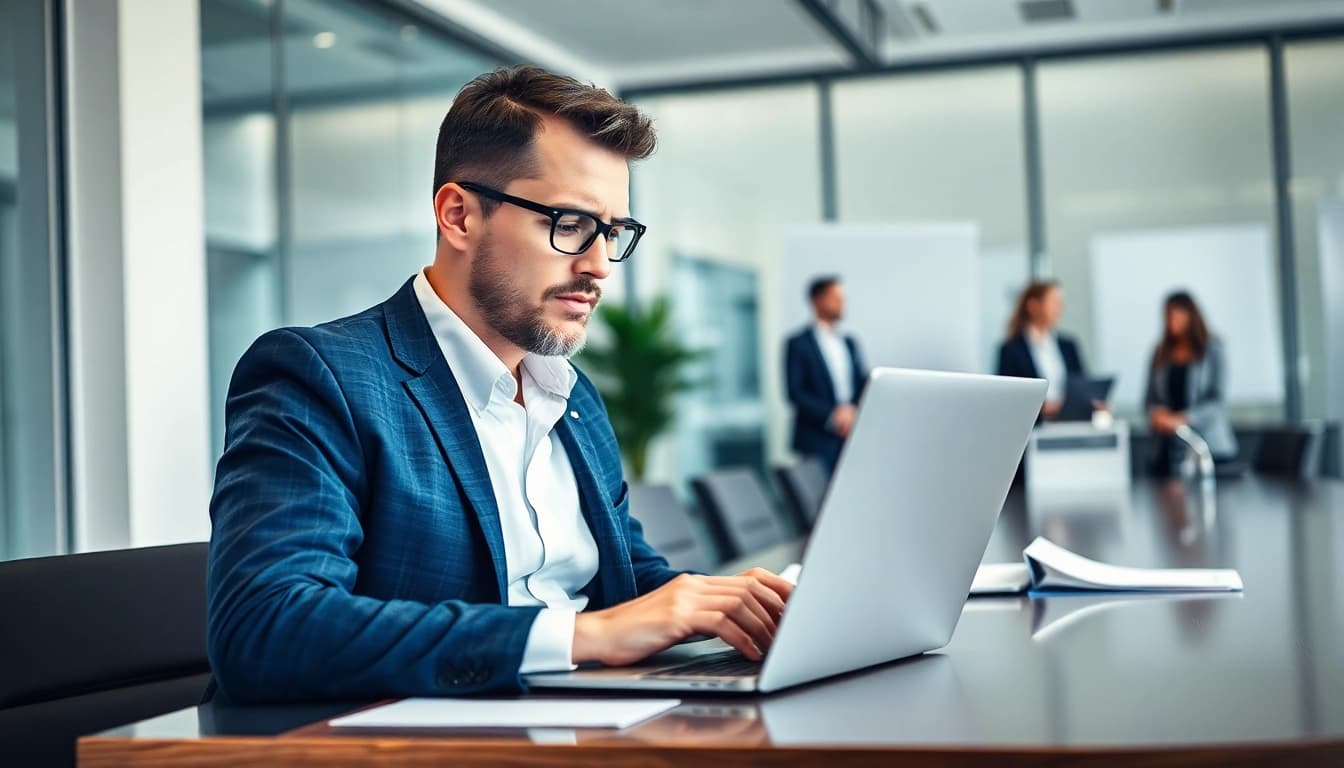 Headhunter Vertrieb arbeitet engagiert an einem Laptop in einem modernen Büro.