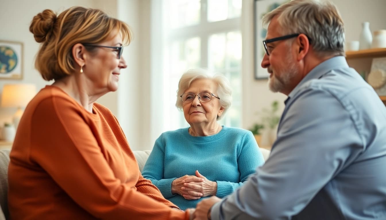 Enhance your understanding of pflegeberatung köln by visualizing a supportive conversation between a care consultant and elderly clients in a cozy setting.