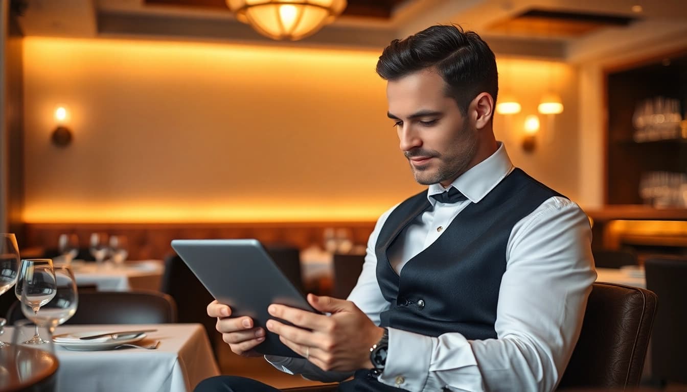 Professioneller Headhunter Gastronomie bei der Arbeit in einem eleganten Restaurant.
