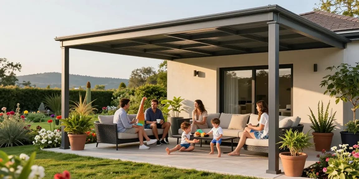 Moderne Terrassenüberdachung schafft einladende Familienatmosphäre im Garten