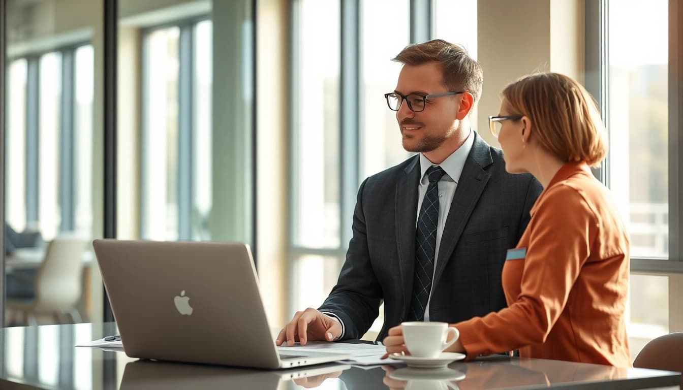Headhunter Pflegekräfte im Gespräch mit einem Pflegeprofi im modernen Büro.