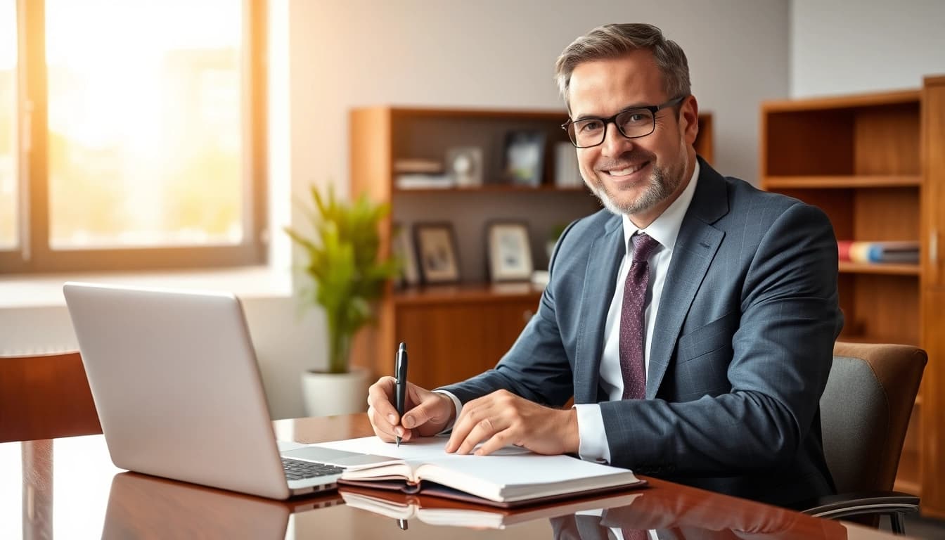 Headhunter München berät Klienten am Schreibtisch mit Laptop und Notizbuch.