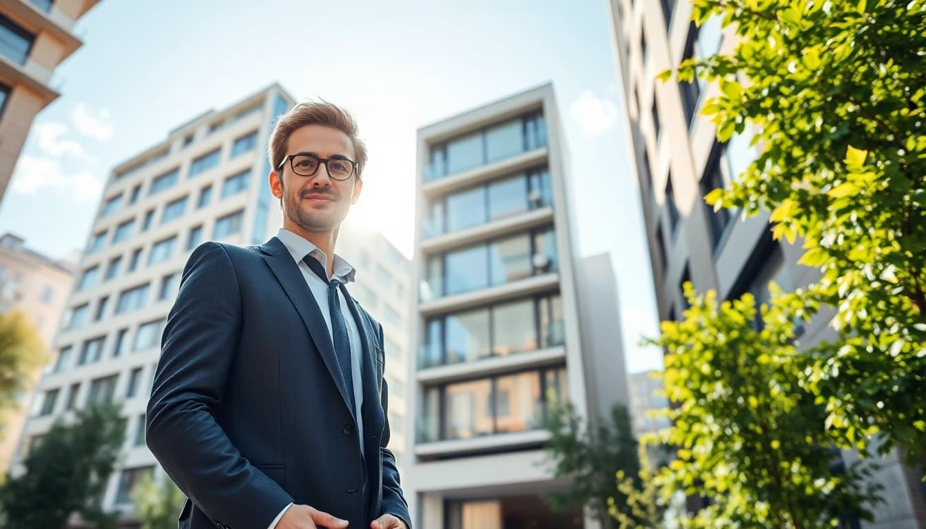 Immobilienmakler Frankfurt Sachsenhausen engage with clients in a vibrant urban setting.