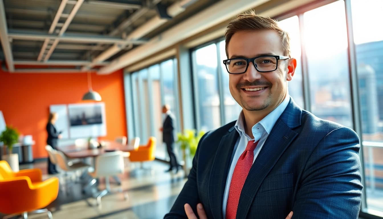 Headhunter Schweiz interagiert professionell in einem modernen Büro mit Teamkollegen.