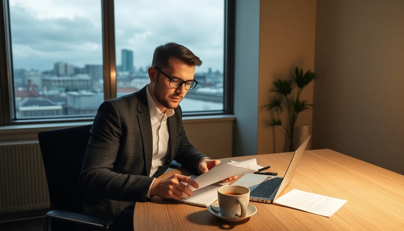 Headhunter Köln bei der Arbeit im modernen Büro mit Kölner Skyline im Hintergrund.