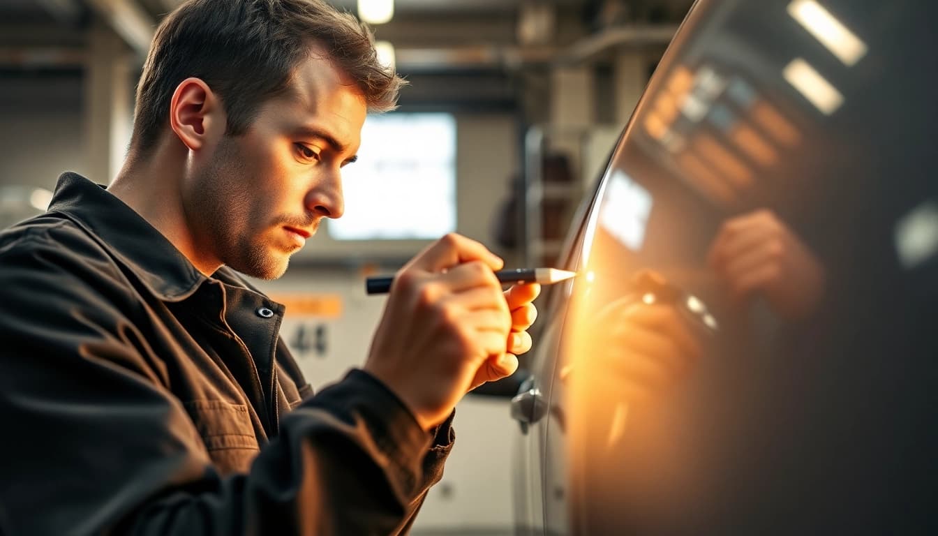 Mechaniker repariert Felgen Schaden Leasing München konzentriert und präzise in moderner Werkstatt.