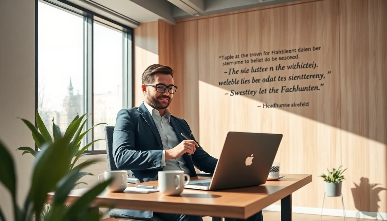 Professioneller Headhunter Krefeld bei der Arbeit in einem modernen Büro, umgeben von Notizen und Laptop.