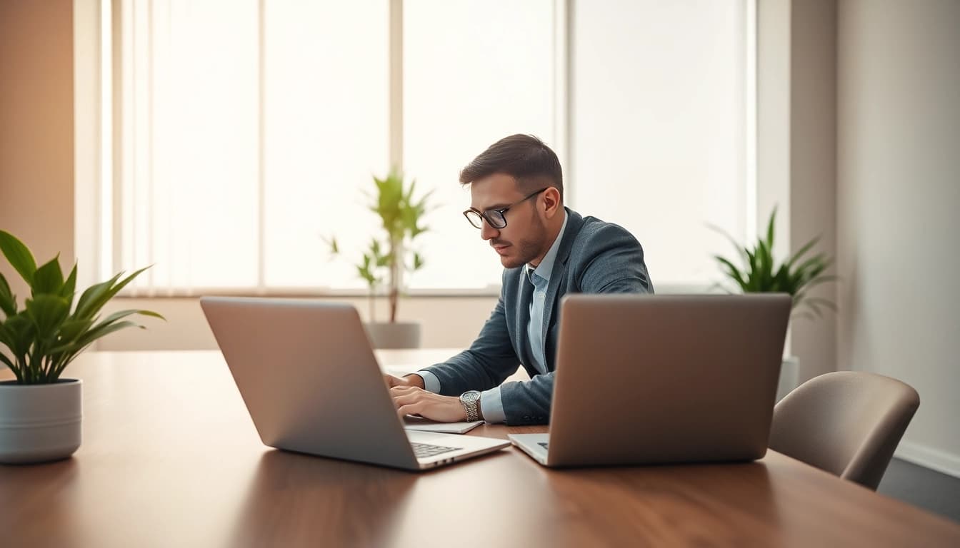 Headhunter Essen bei der Arbeit in modernem Büro mit Laptop und pflanzlicher Dekoration.