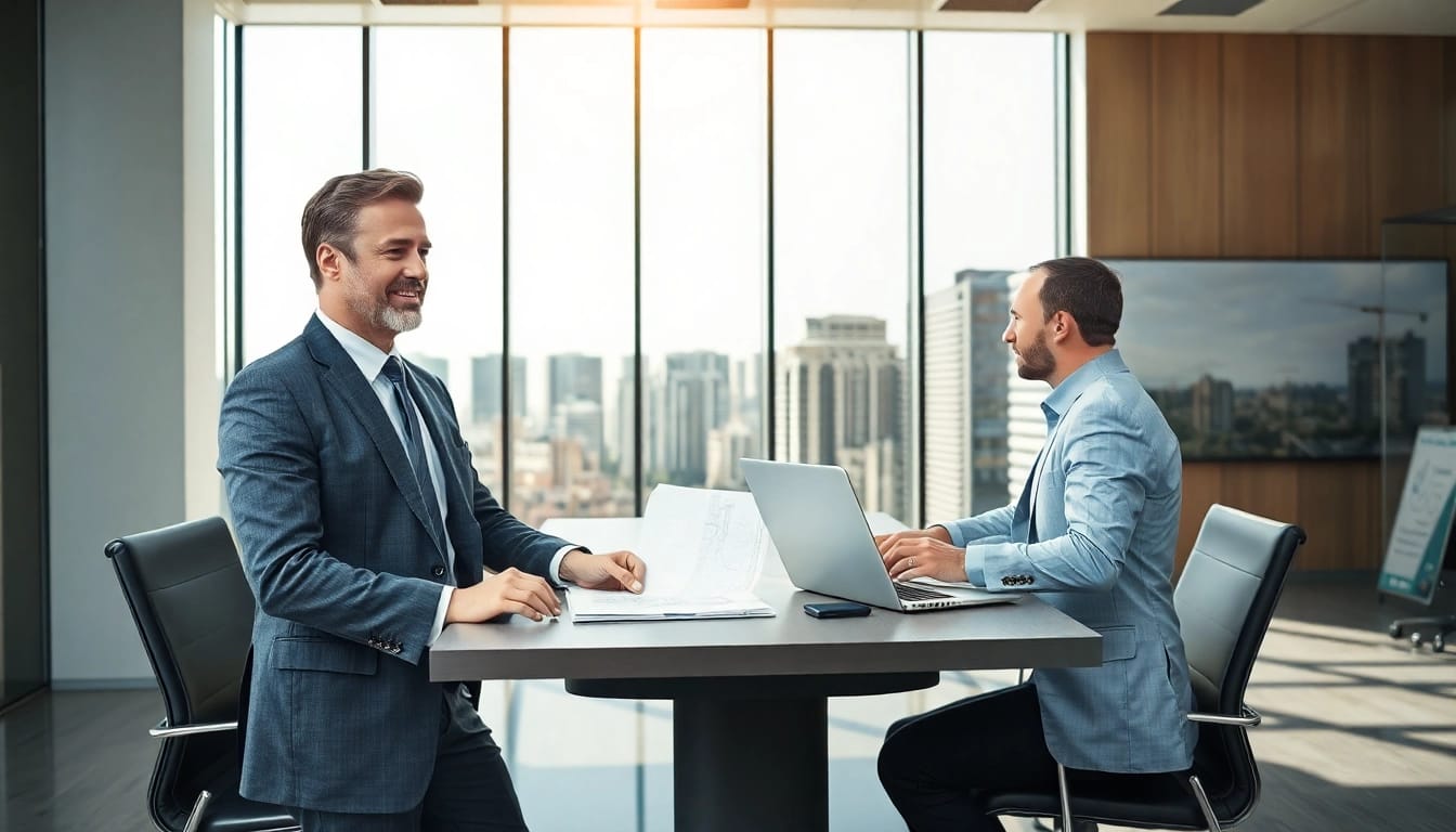 Headhunter Baubranche in professionellem Austausch mit Bauleiter.