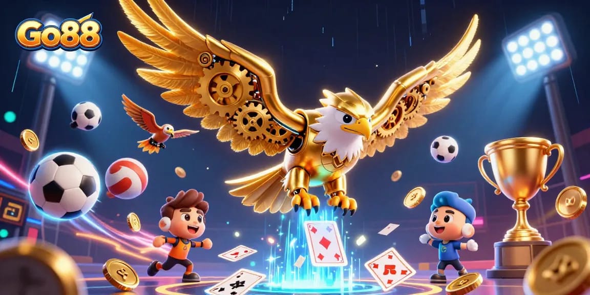 Play Go88 with thrilling 3D action featuring a cybernetic eagle and dynamic game elements.