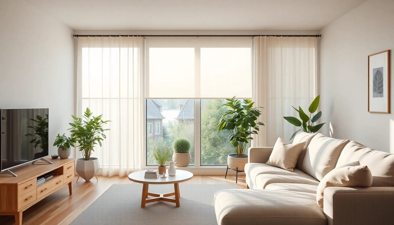 Plissee ohne Bohren zeigt modernes, lichtdurchflutetes Wohnzimmer mit minimalistischem Design.
