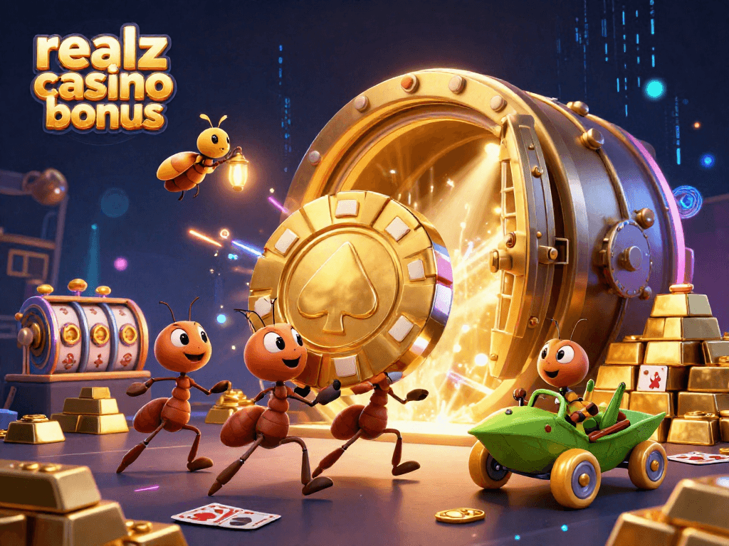 Ändern Sie den Realz Casino Bonus mit einer 3D-Illustration des Casino-Heists mit Ameisen, die einen riesigen Pokerchip tragen.