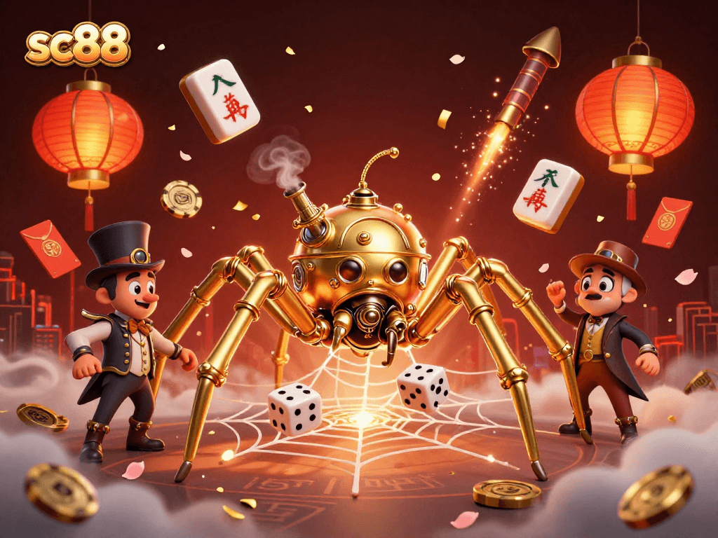 Experience thrilling moments at sc88 with a captivating steampunk design featuring golden spider and poker chips.