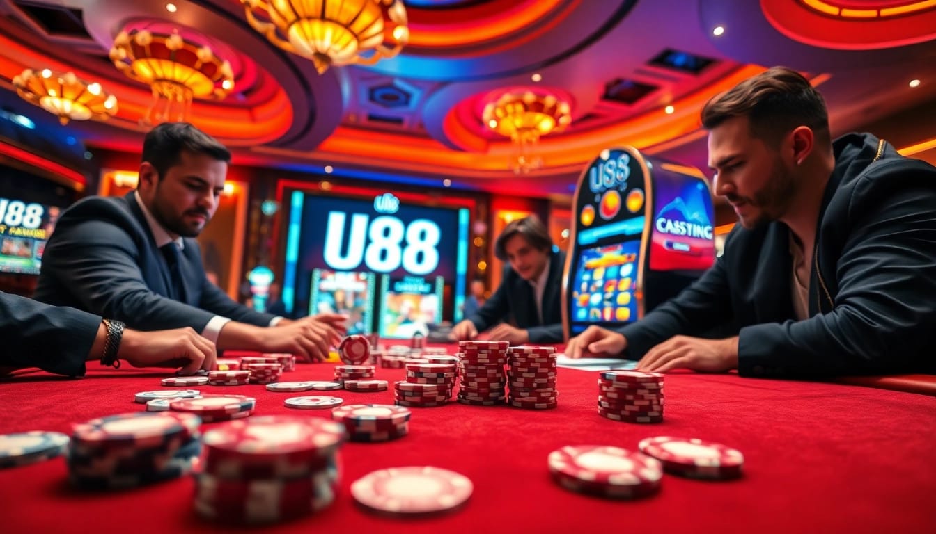 Players enjoying a thrilling U88 poker game at a luxurious casino table.