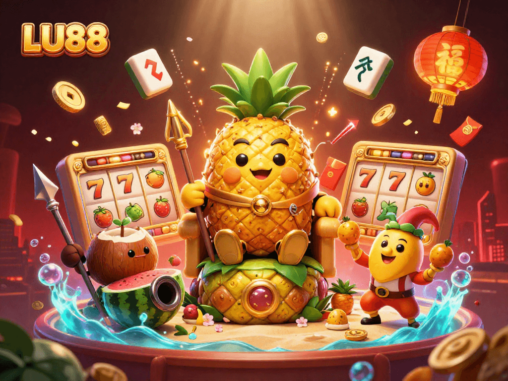 Experience the excitement of LU88 with a vibrant 3D casino illustration showcasing lively characters and game elements.