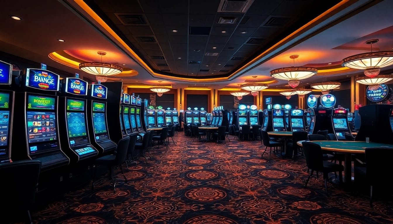Bewertung von Online Casinos Österreich mit Spieltischen und Spielautomaten in einem einladenden Ambiente.