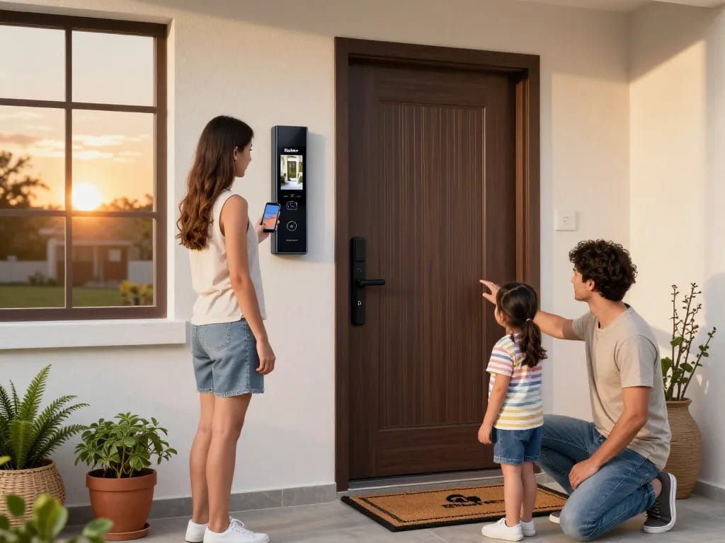 Balter Türsprechanlage verbessert die Sicherheit zu Hause, während die Familie mit Technologie interagiert.