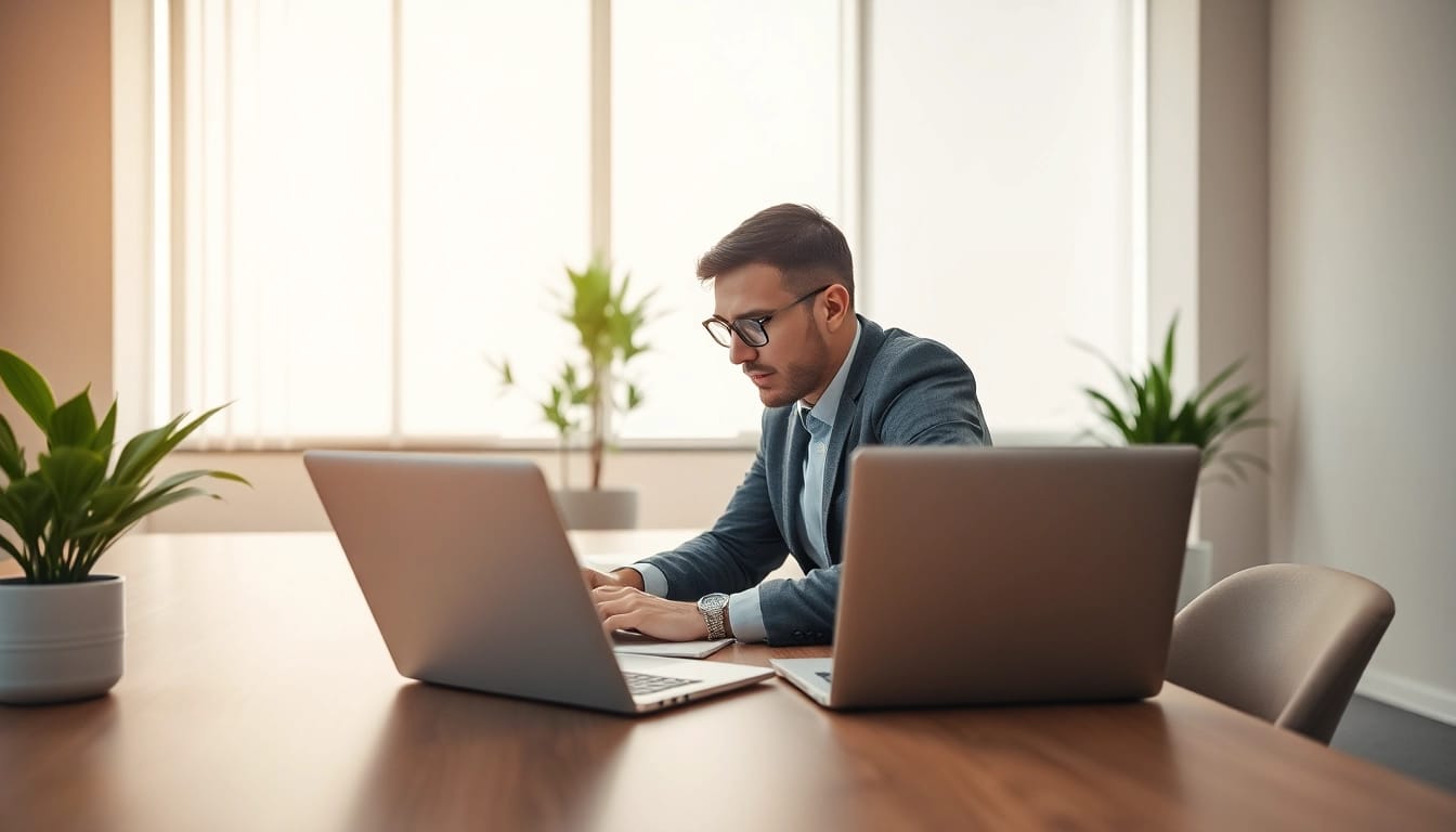 Headhunter Essen bei der Arbeit in modernem Büro mit Laptop und pflanzlicher Dekoration.