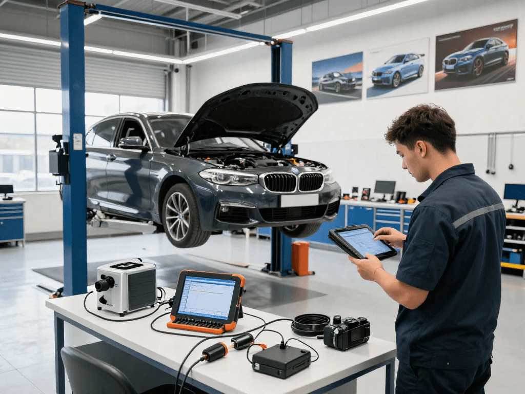 Chiptuning Hannover in einer professionellen Werkstatt mit BMW und Techniker, der ein Diagnosegerät verwendet.