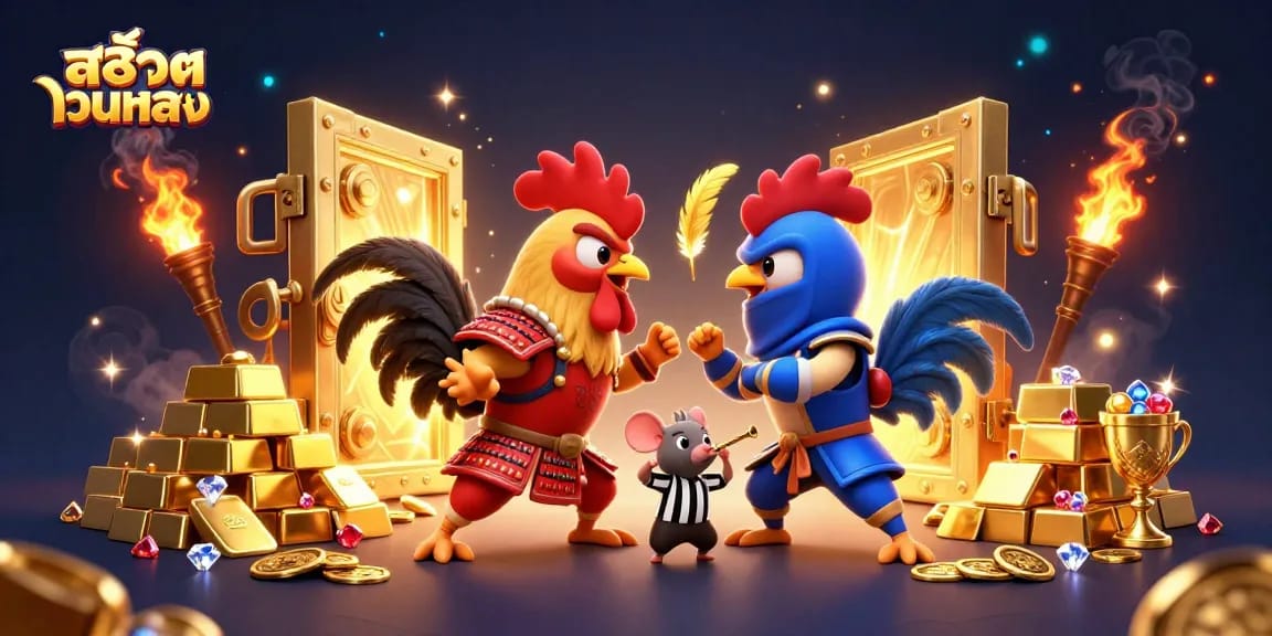 Engage in สล็อตเว็บตรง action as fighting roosters clash amidst golden treasures.