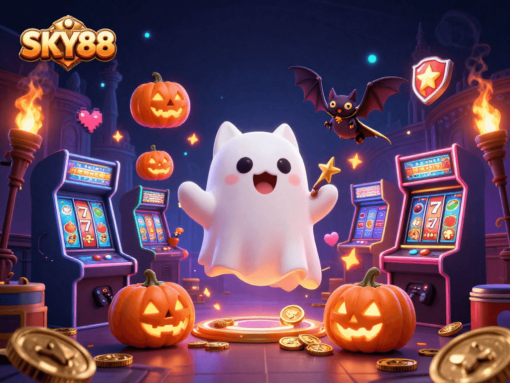 Experience the thrilling world of SKY88 with a playful ghost cat and vampire bat in a haunted casino setting.