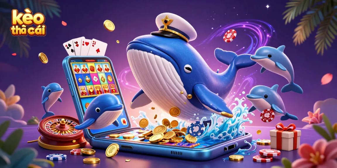 Engage with kèo nhà cái through a vibrant illustration of a whale and playful dolphins in a casino setting.