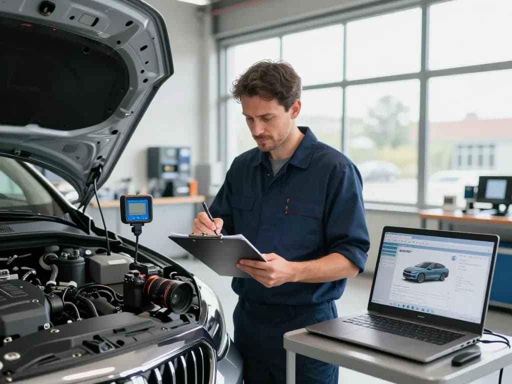 Kfz Sachverständiger Bonn bewertet ein Fahrzeug in einer hellen Automobilwerkstatt