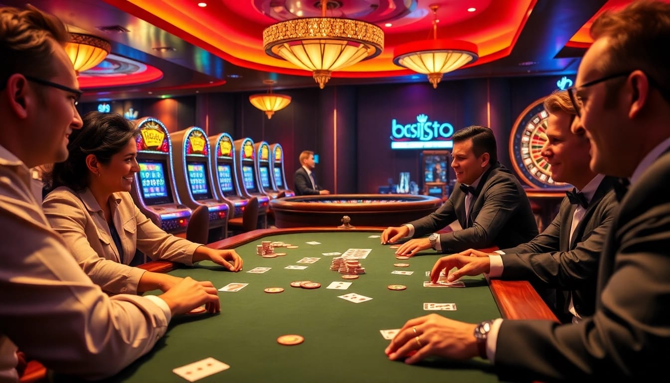 Players enjoying intense poker action at the b52 club casino table, surrounded by vibrant slot machines and luxury.